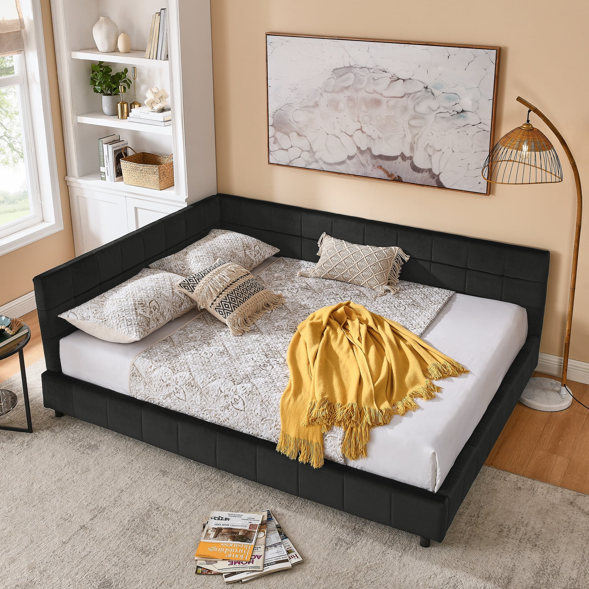 [Luckynote]Queen Size Upholstered Tufted Bed Frame, Sofa Bed Frame with Comfortable Backrest and Armrests, Queen Size Bed for Bedroom, Living Room,Velvet, BLACK