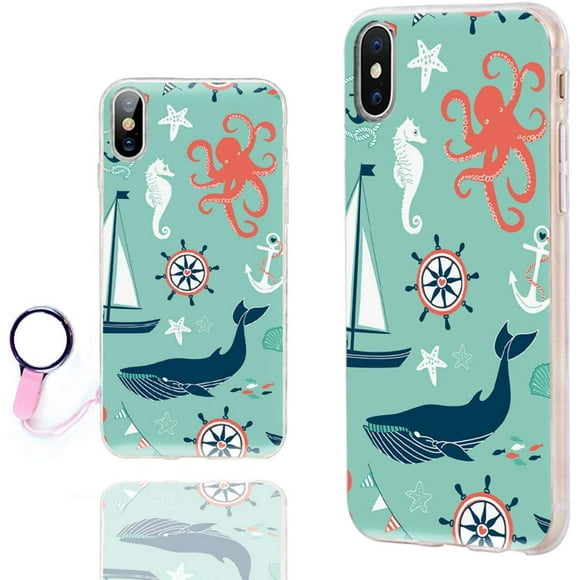 iPhone Xs Max Case Cute,ChiChiC 360 Full Protective Shockproof Thin Slim Flexible Soft TPU Clear Case Cover with Cool Design for iPhone Xs Max 6.5,Cartoon Animal Seahorse Octopus Whale Navy Anchor