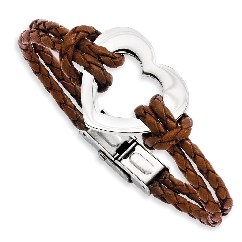 Auriga Fine Jewelry Stainless Steel Polished Heart Brown Braided Leather 7.5 " Bracelet for Men