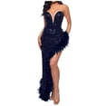 thumbnail image 1 of Mefallenssiah Femmes Mode Solide Torse V-Cou Ouvert Dos Dentelle jusqu'à Robe de Plume de Paillettes, 1 of 5