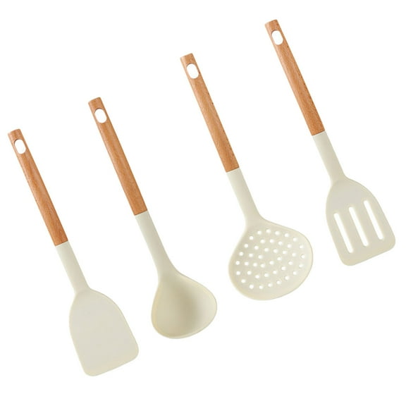 KONTONTY Beige Silicone Spatula Set with Wooden Handles, Perfect for Nonstick Cookware and Everyday Kitchen Use