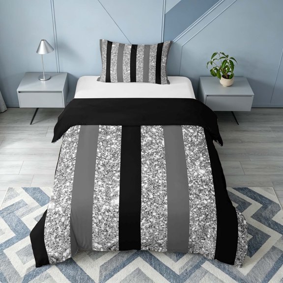 Homewish Geometric Stripe Twin Duvet Cover, Glitter Sequin Bling Print Twin Bedding, Black Gray, Black Reversible, 2pcs 1 Duvet Cover and 1 Pillowcase