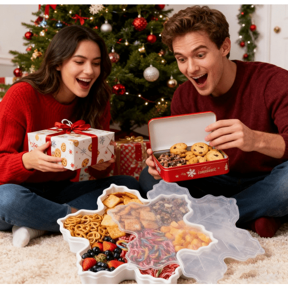 Christmas Snack Tray, Cute Holiday Gingerbread Man Snowflake Tree Storage Container, Snack Storage Box, Treats Storage Container, Easy to Serve, for Treats, Dessert, Nuts White