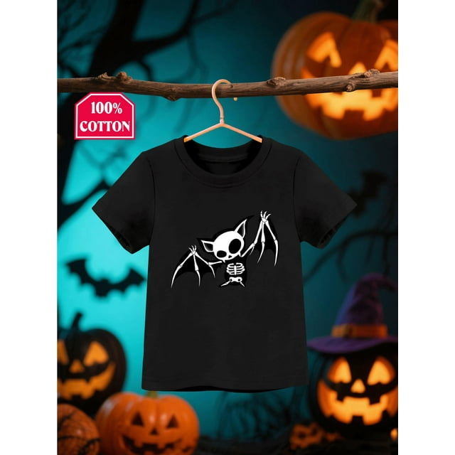 T-shirt d'Halloween - Imprimé Squelette de Chauve-Souris Mignon, Manches Courtes Col Rond, Léger et Respirant pour Printemps/été, Parfait pour Tenue Décontractée Ou Cadeaux de Vacances, Vêtements d'Halloween pour Tout-Petits Garçons