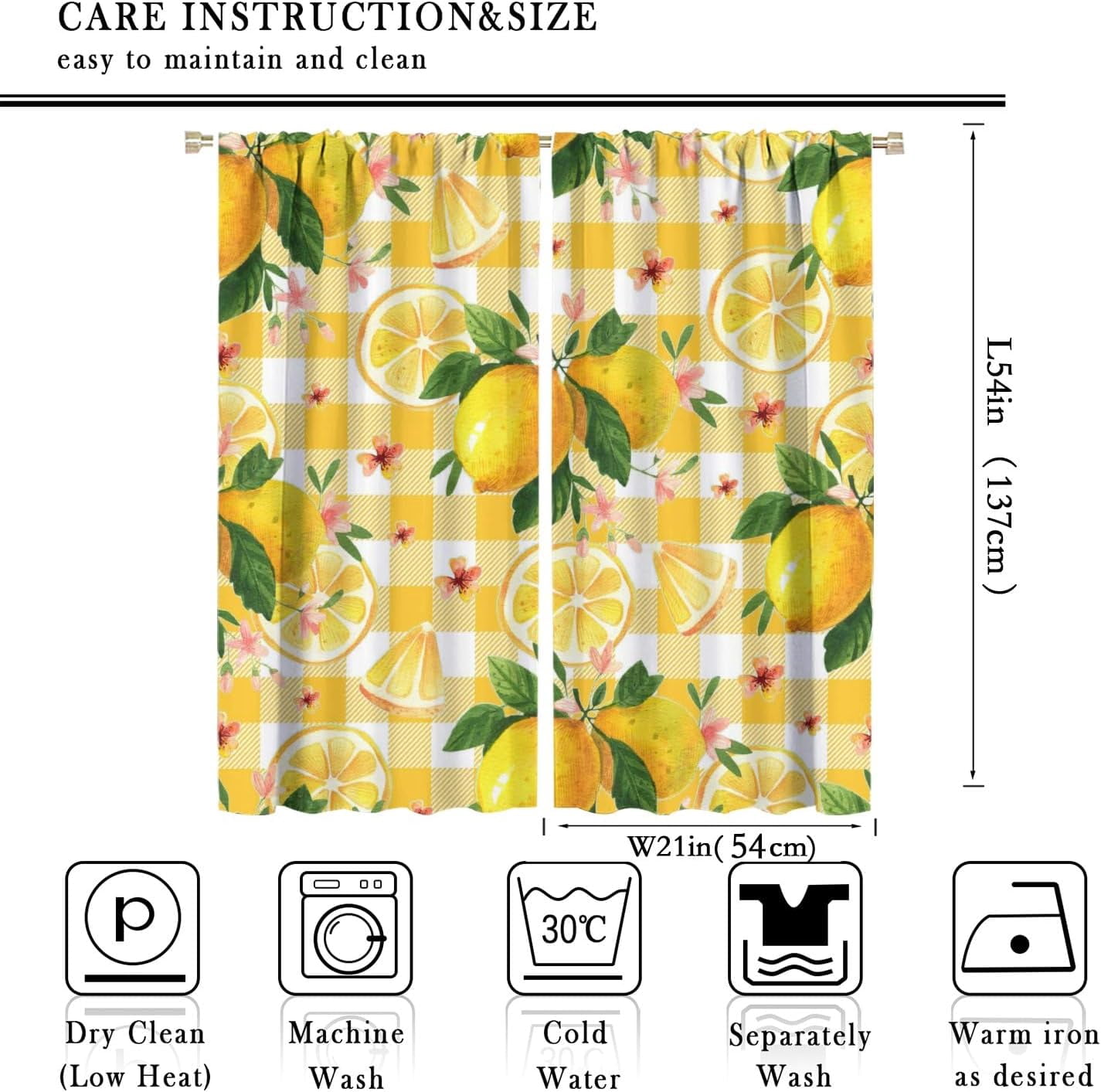 Watercolor Lemon Curtains, Summer Lemon Floral Natural Fruit Themed Yellow Lattice Print Design, Bedroom Living Room Blackout Noise Reduction Curtains, 2 Panel Set,42X54 Inch