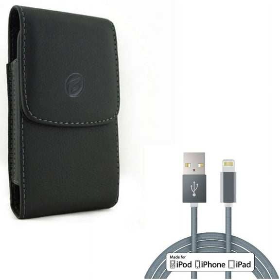 10ft MFi USB Cable w Leather Case Belt Clip for iPhone XS X 8 7 6S 6 - Certified Charger Cord Power Wire Braided Long, Holster Cover Pouch Vertical Carry Protective