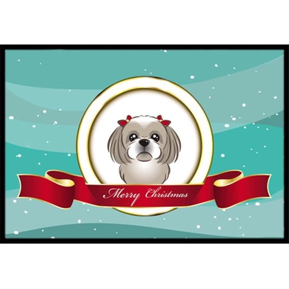 Gray Silver Shih Tzu Merry Christmas Door Mat