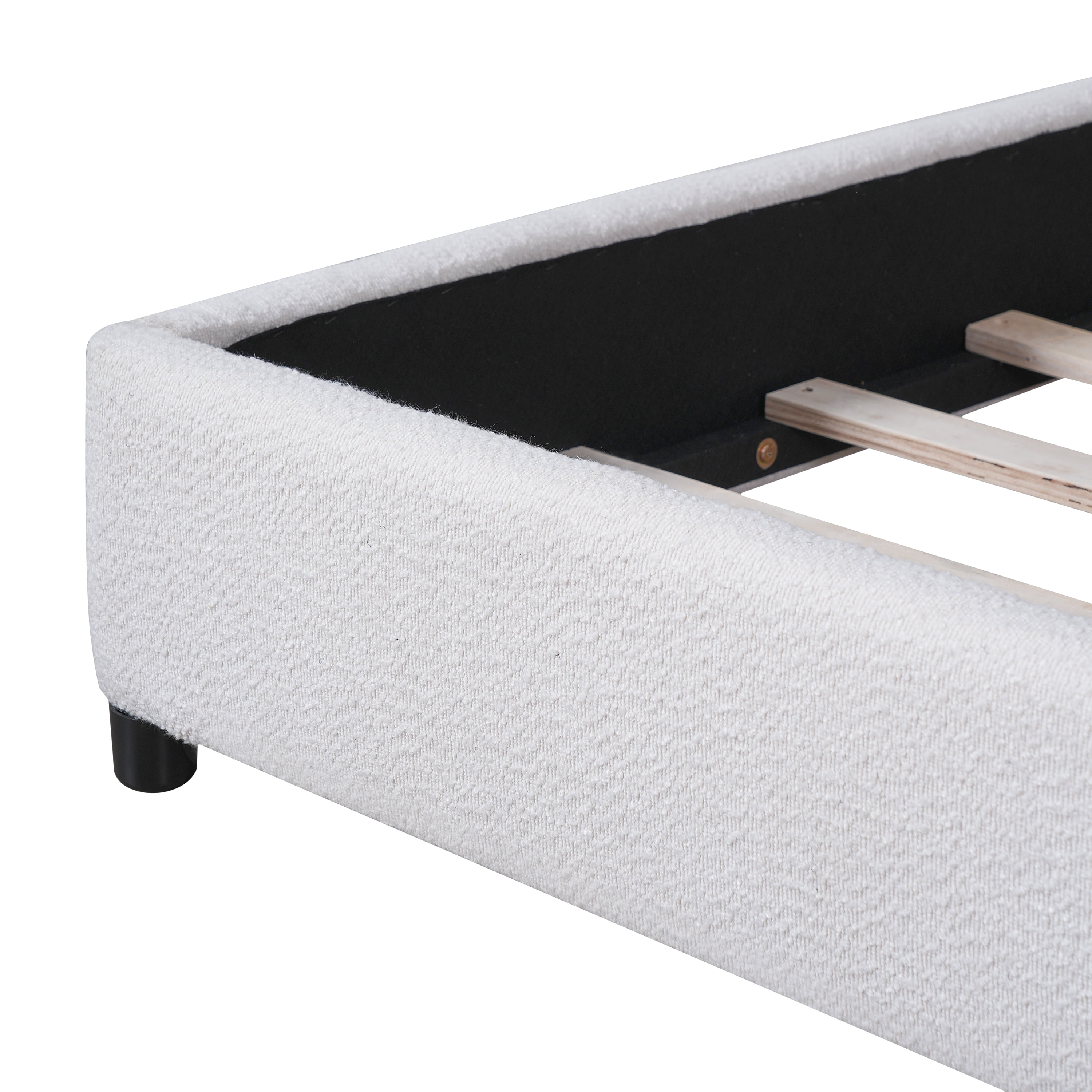 Queen Size Bed Frame with Boucle Upholstered Round Curved Headboard, Platform Bed with Wood Slats for Bedroom, White