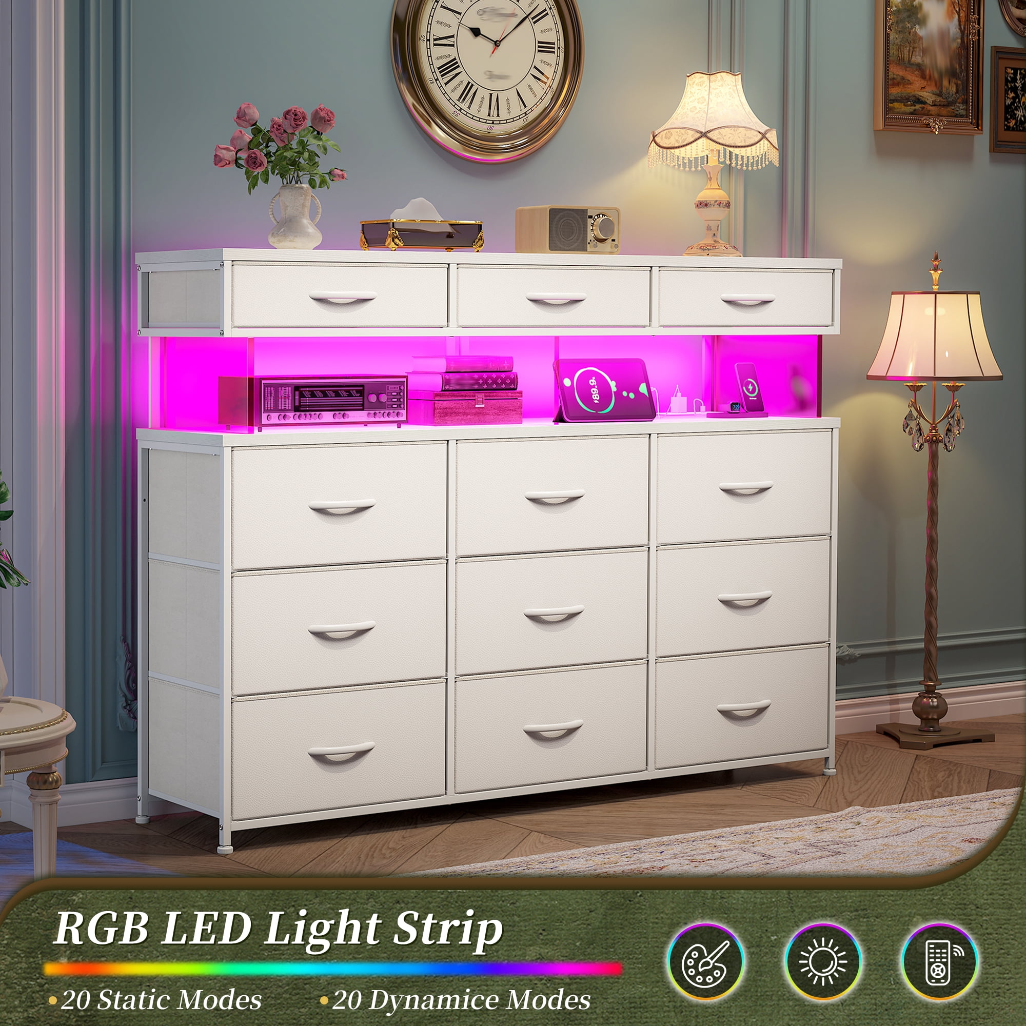 Romorgniz White Dresser for Bedroom with 12 Fabric Drawers Wide Dresser with LED Lights & Charging Station Chest of Drawers with Acrylic Sheet