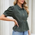 thumbnail image 4 of Karymi Shirts for Women Denim Peplum Blouse, Collar Short Sleeve Button-Down Shirt, Puff Sleeve Ruffled Hem Babydoll Top Workout Tops for Women, 4 of 9