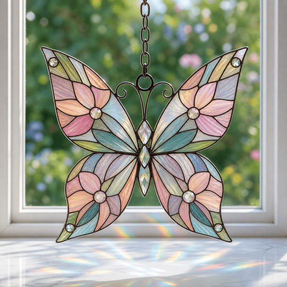 Butterfly Acrylic Suncatcher Window Hanging, Pastel Stained Glass Style Gift