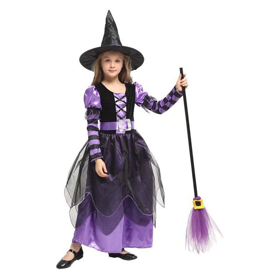 Odeerbi Kids Girls 2PCS Halloween Witch Dress Up Outfit Medieval Gothic Tulle Dress with Witch Hat Set