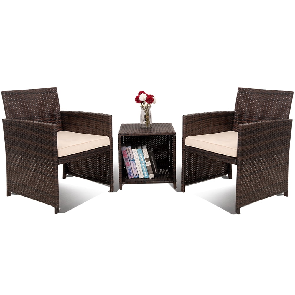 Kadyn 3 Pieces Outdoor Patio Wicker Furniture Sets, PE Rattan Chair Patio Conversation Sets with 2 Soft Cushions Single chairs and Coffee table, Rattan Conversation Set for Balcony, Khaki Kadyn 3 Pieces Outdoor Patio Wicker Furniture Sets, PE Rattan Chair Patio Conversation Sets with 2 Soft Cushions Single chairs and Coffee table, Rattan Conversation Set for Balcony, Khaki