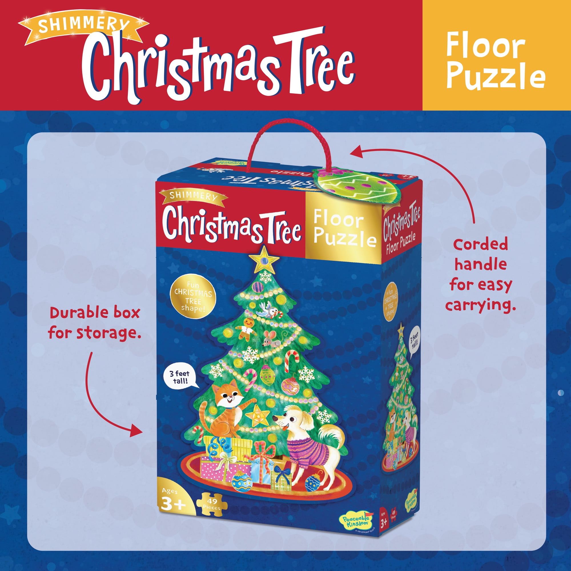 Peaceable Kingdom Shimmery Christmas Tree Floor Puzzle, 49 Puzzle Pieces Floor Puzzle for Kids