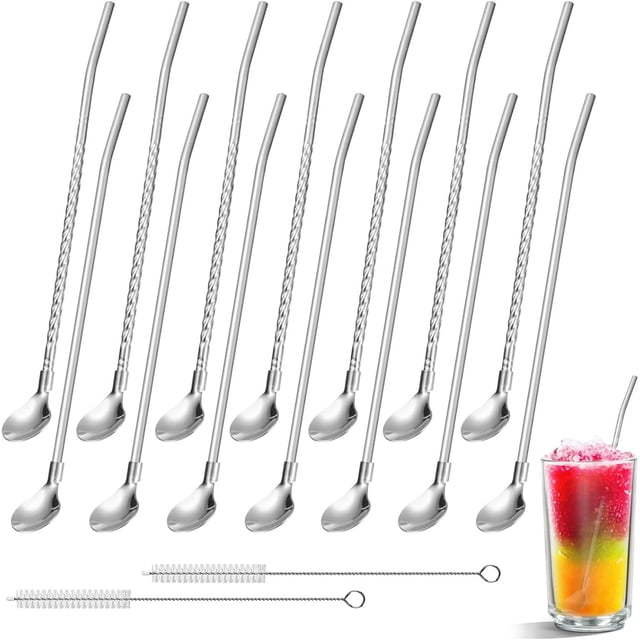 Juego de 14 piezas de cucharas y pajitas – Acero inoxidable reutilizable con 2 cepillos de limpieza – Para helados, batidos, cócteles y smoothies.