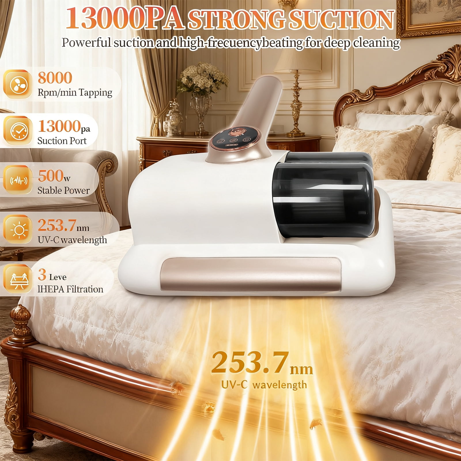 Cordless Mattress Vacuum Cleaner, 253.7nm UV-C Light, 1kPa Strong Suction, 8000 Rpm Double Tapping, Dual Dust Collector, Wide Suction Port for Bed & Pet Hair