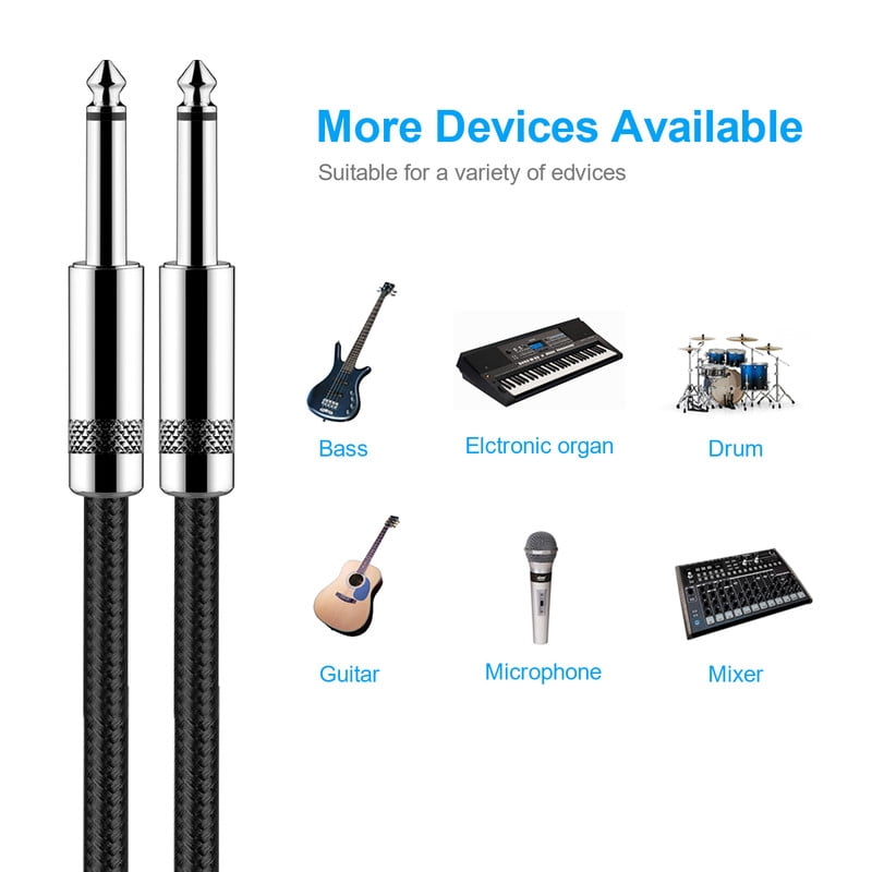 New bee 2pc 20ft Guitar Cable, 6.35mm 1/4 Inch Instrument Cable, Straight/Right Angle Plug Options for Electric Guitar, Bass, Amp & Effects Pedal, Shielded Oxygen-Free Copper Audio Cord (Black)