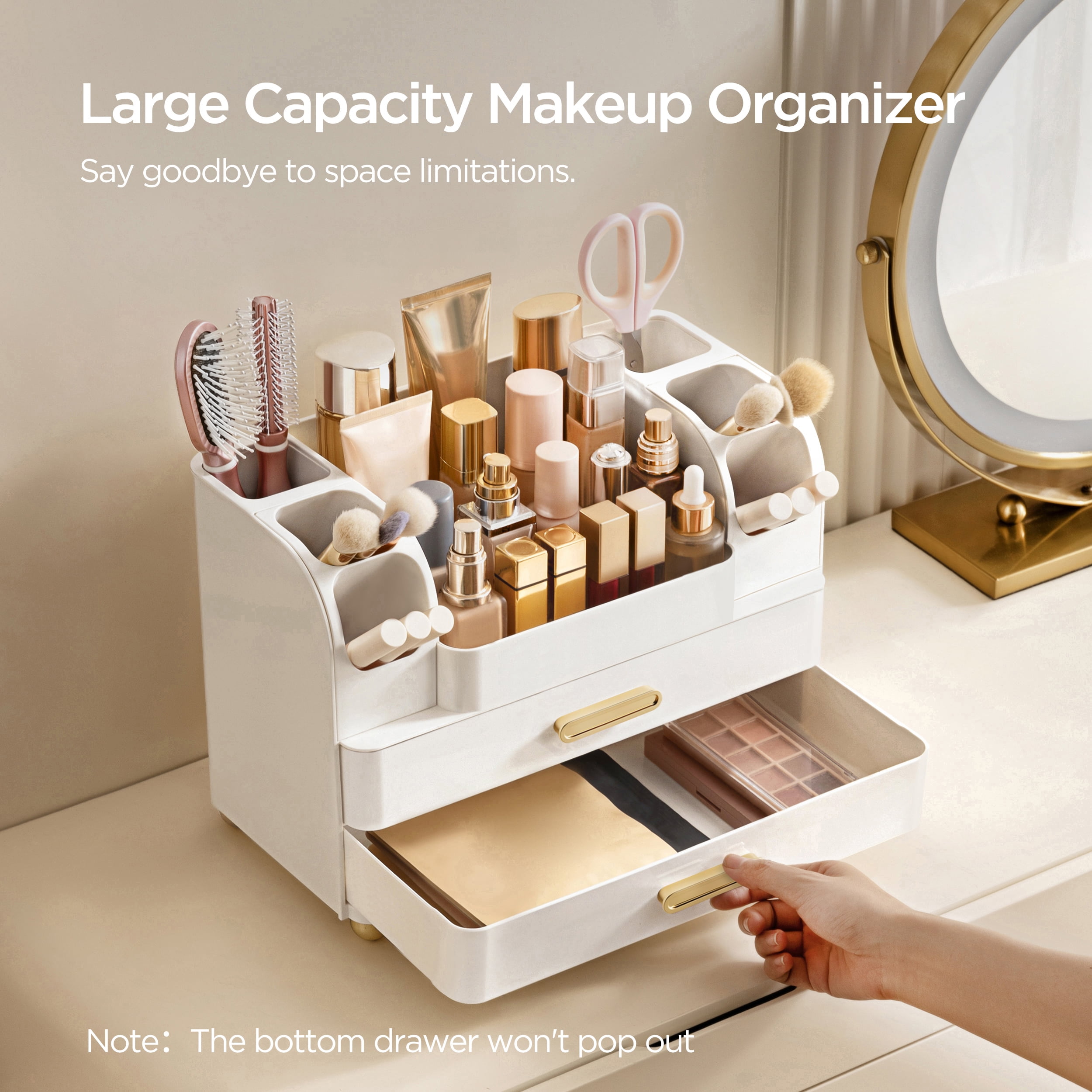 HBlife Makeup Organizer for Vanity with Brush Holder, Large Bathroom Countertop Cosmetic Organizer, All White