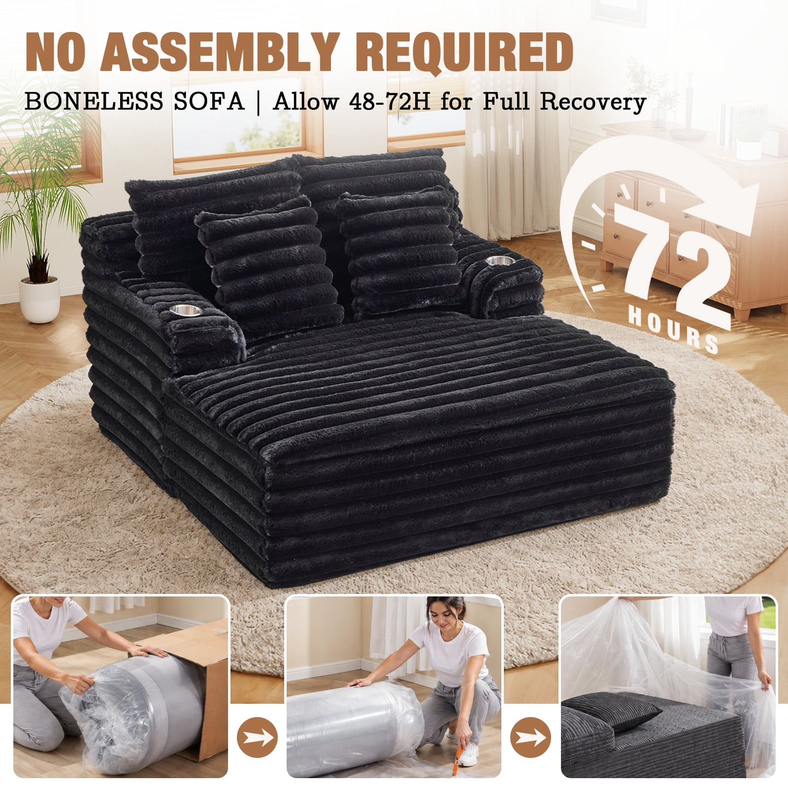 Lunale Oversized Chaise Lounge Chair Indoor Furniture, Boneless Cloud Couch with Cup Holders, Faux Fur Accent Chair for Living Room, Black