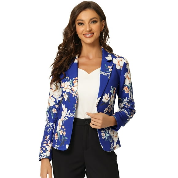 Chaqueta Tipo Blazer Informal Con Solapa De Muesca Y Manga Larga Para Mujer Azul Real-floral XS
