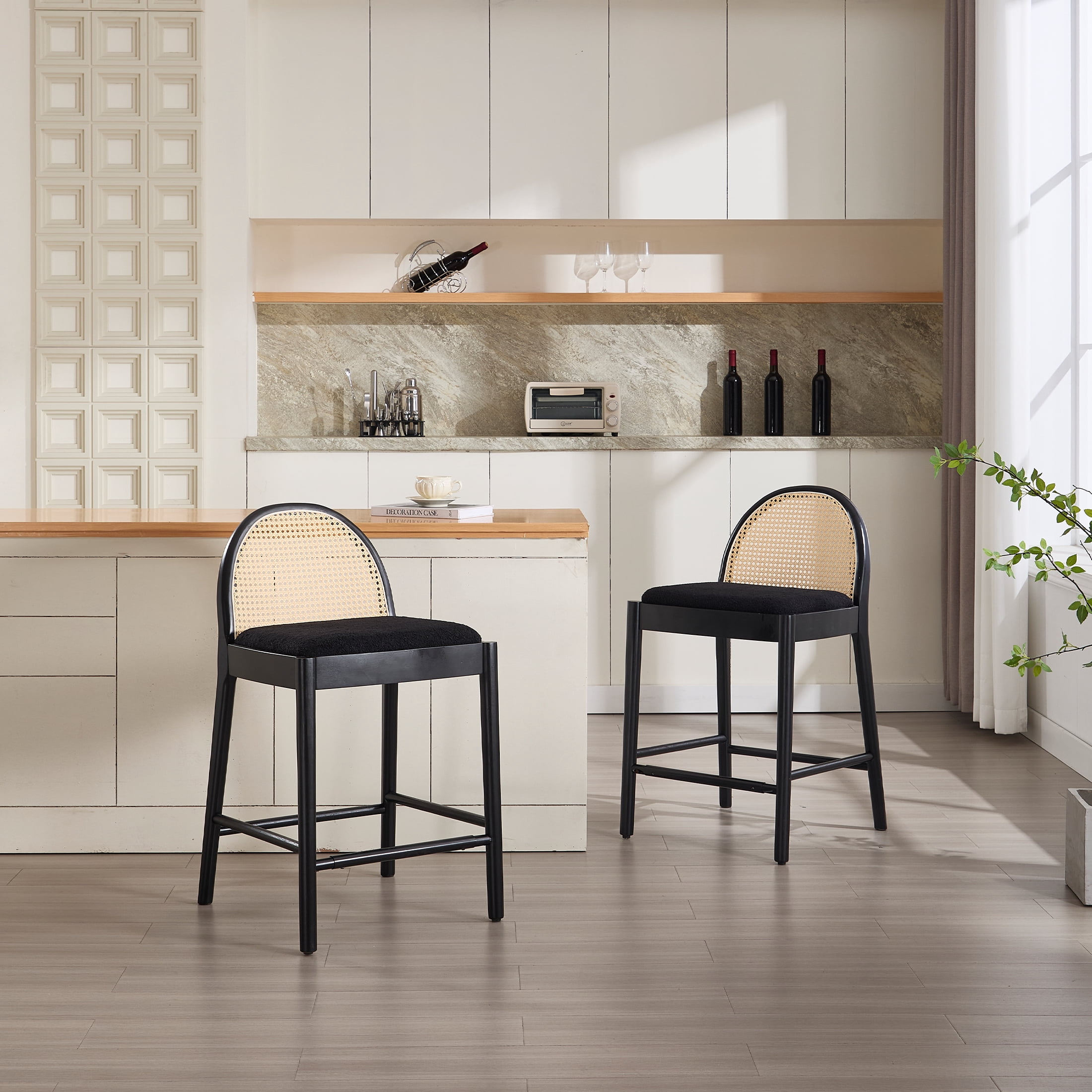 Guyou Modern Bar Stools Set of 2, 26" Counter Height Bar Stools with Natural Rattan Back and Solid Wood Frame, Sherpa Upholstered Kitchen Island Chairs for Bar Island Cafe Kitchen, Black