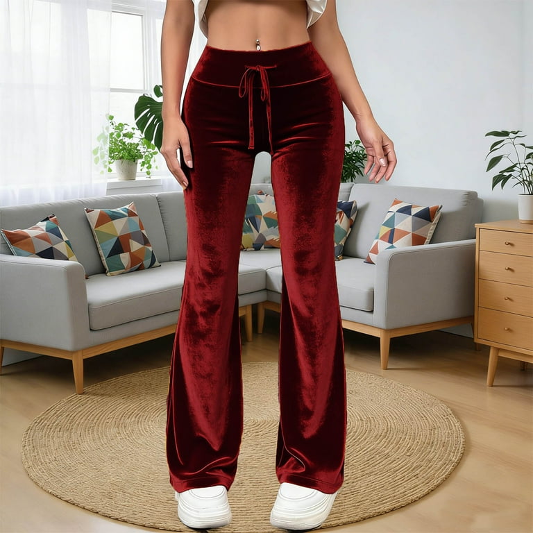 Lenpel Women's Velvet Flare Leggings High Waisted Drawstring Bell
