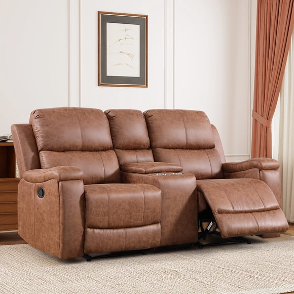 Bonzy Home PU Leather Recliner Chair, Manual Recliners with Cup Holders, Single Reclining Chair with Padded Headrest & Thick Seat for Living Room, Bedroom, Home Theater, Loveseat