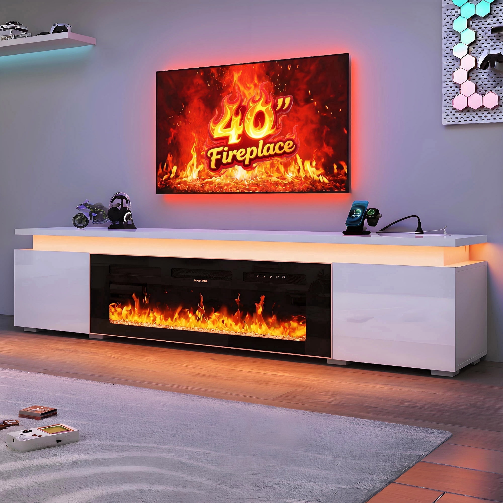 83" LED TV Stand with 40" Fireplace for 80” 85" 90" 95" TVs, Glossy Fireplace TV Stand Gaming Entertainment Center with Power Outlet for Modern Living Room
