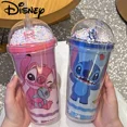 thumbnail image 2 of Vasos con pajita de Disney Stitch de 450 ml, vaso de agua de plástico de doble capa con dibujos animados de anime Stich, botella de agua portátil para niños, regalos para niños, 2 of 5