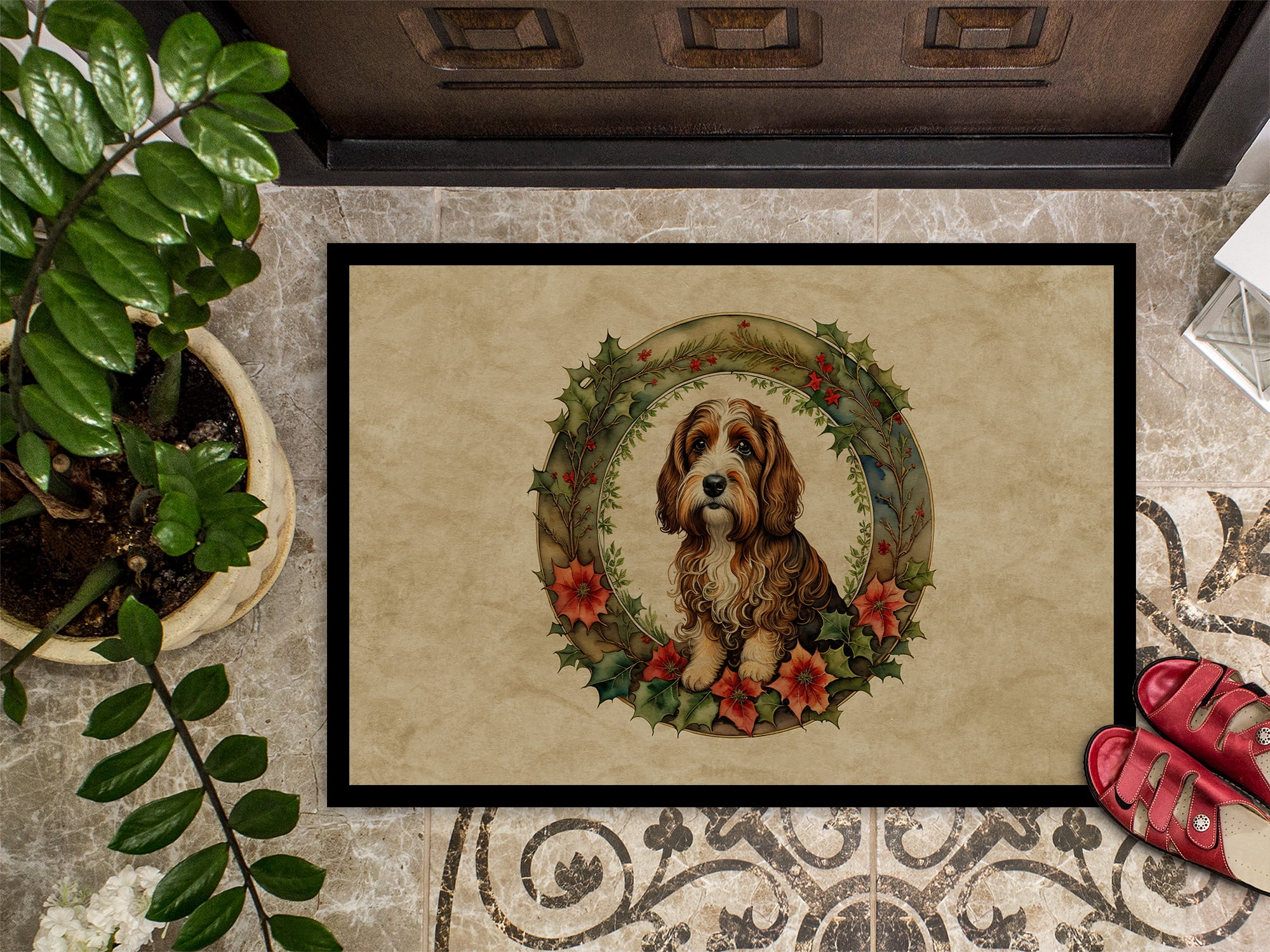Carolines Treasures DAC2405MAT 18 x 27 in. Unisex Petit Basset Griffon Vendeen Christmas Flowers Doormat