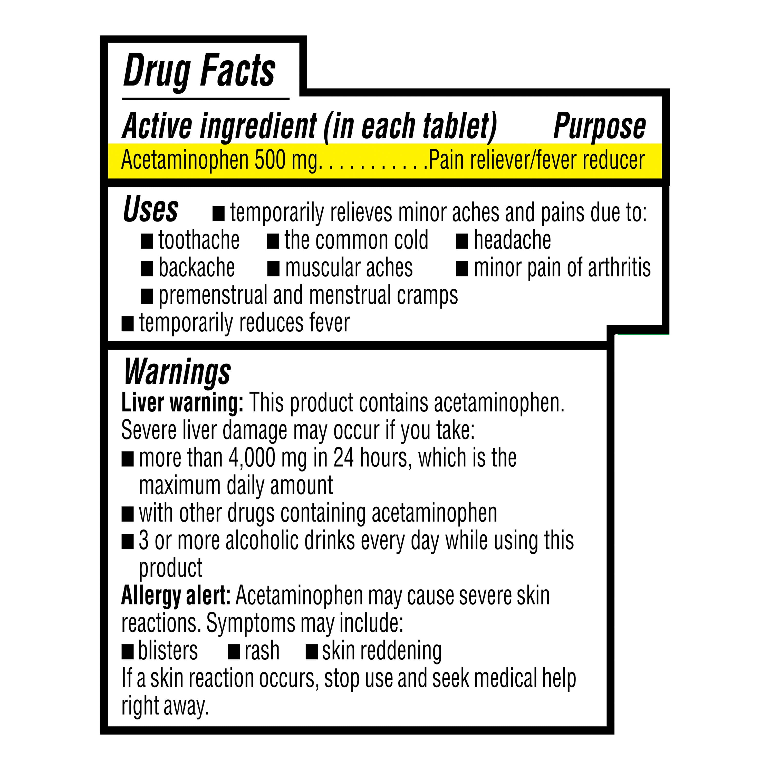 Equate Extra Strength Sweet-Coated Acetaminophen Tablets for Pain & Fever Relief, 500mg, 100 Count