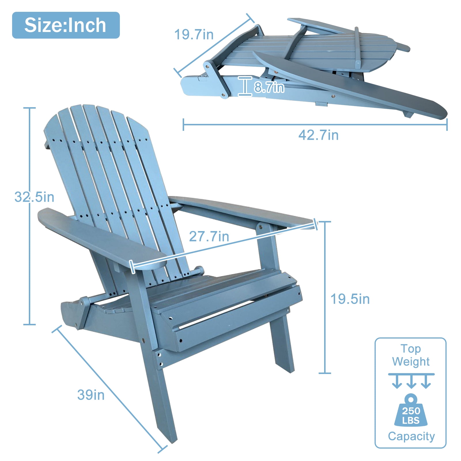 Folding Adirondack Chair Outdoor Patio Chairs Weather Resistant Plastic Fire Pit Chairs Wooden Adirondack Lounger Chair Accent Furniture for Garden Backyard, TURQUOISE
