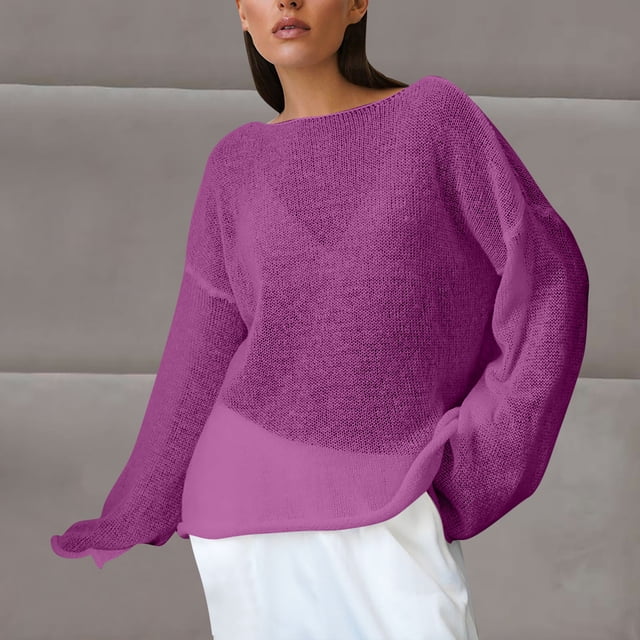 Ailaofu Women's Oversized Sweater Jumper Boat Neck Lightweight Sheer Knit Top Pullover
