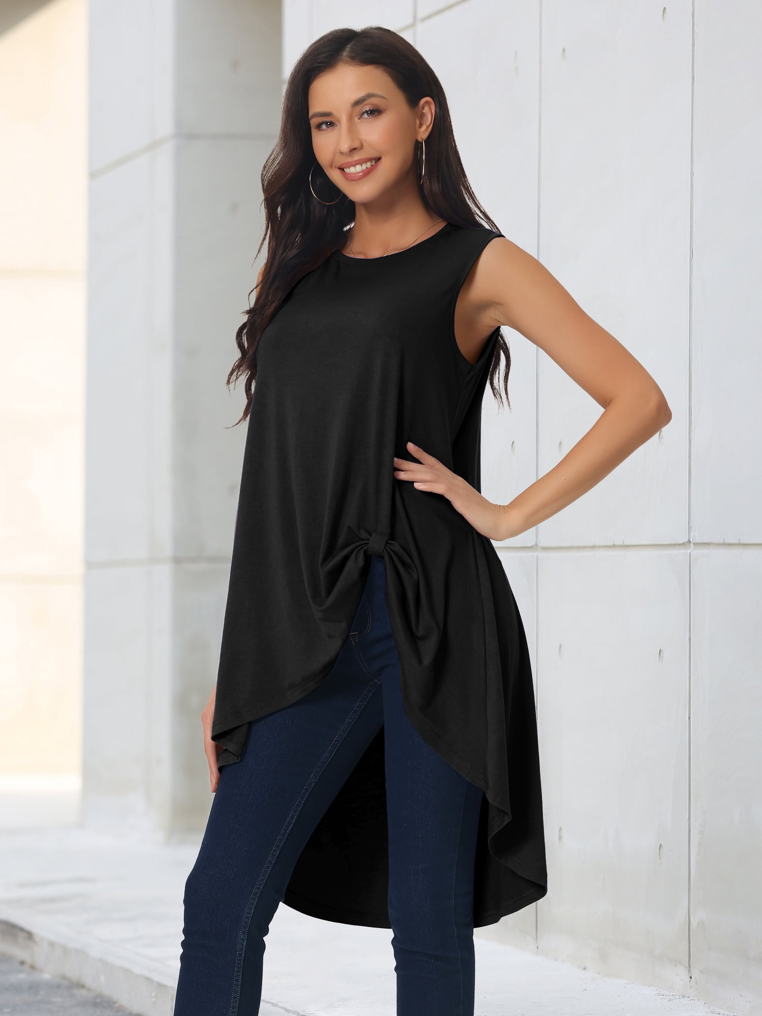 DARING DIVA Women's High Low Hem Crew Neck Sleeveless Tunic Top Black L
