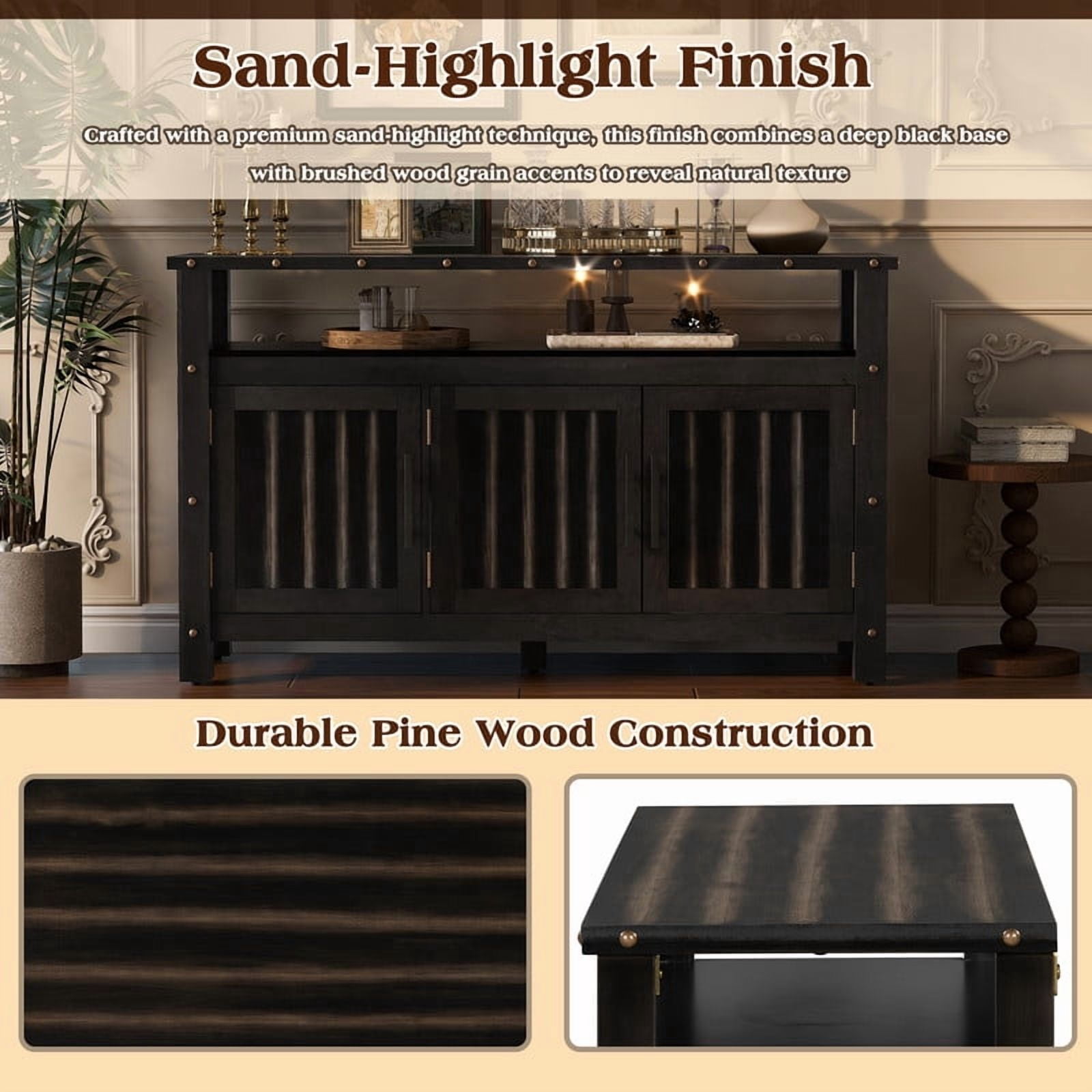 Mid-Century Modern 3-Door Buffet Sideboard Console Table with Nailhead Trim, 2-Tier Open Shelving Coffee Bar Storage Cabinet