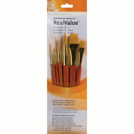 - Princeton Brush Real Value 6-Brush Golden Taklon Brush Set, Round 1, 6, 12, Liner 2, Angle Shader 1/2, Wash 3/4
