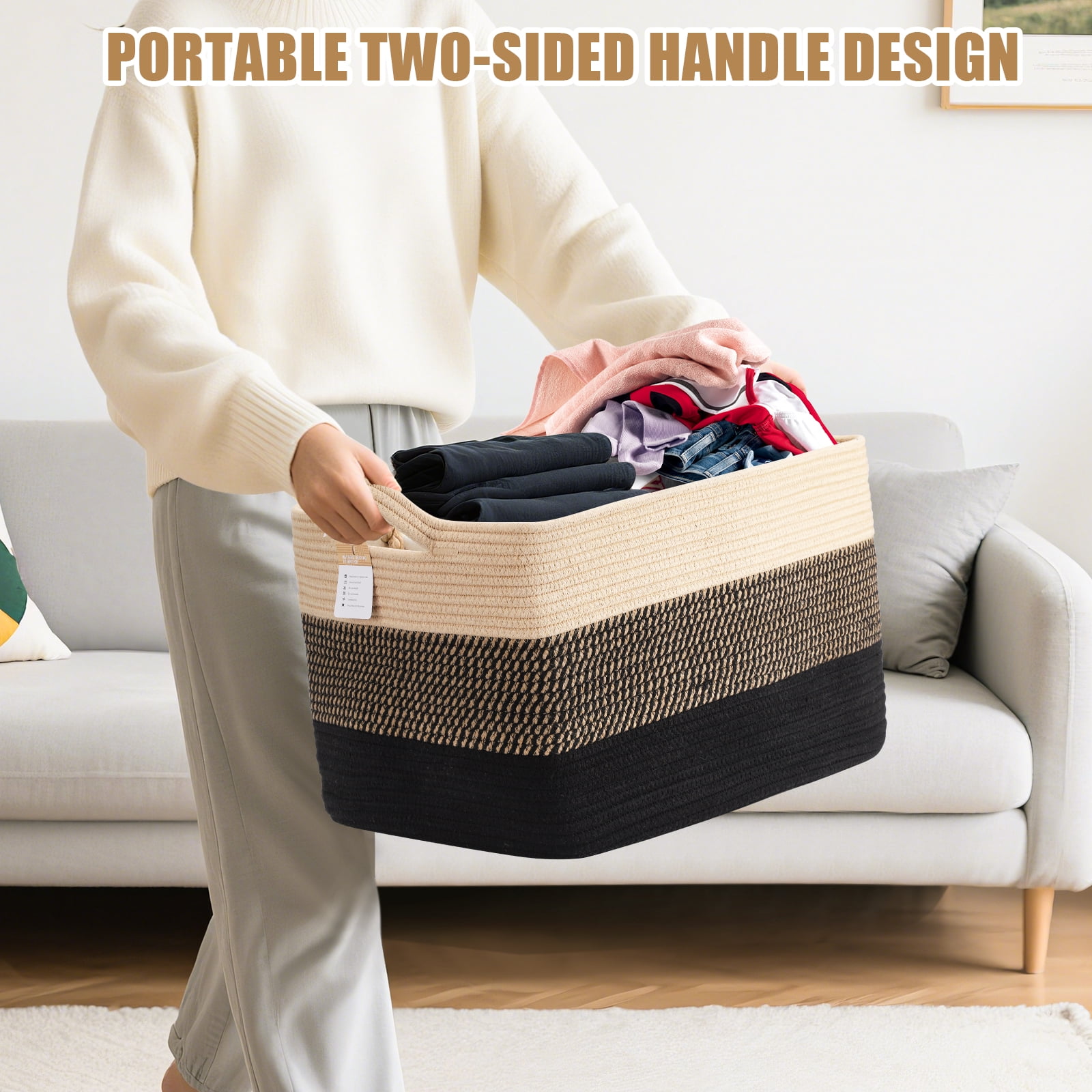 LIZEVINC Large Blanket Basket, 21.6" x 15.7" x 11.8" Rectangle Woven Laundry Basket, Cotton Rope Toy Basket With Handle, Storage Baskets for Organizing for Living Room, Bedroom, Baby Room