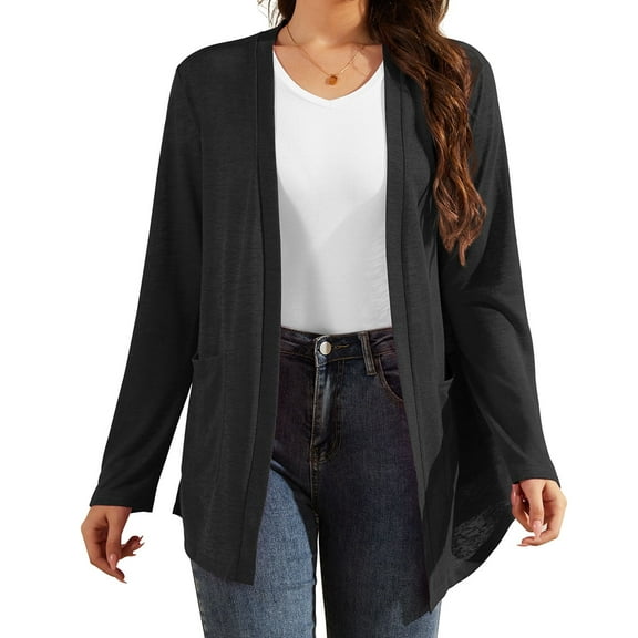 Uvplove Women Long Sleeve Lightweight Cardigan with Pockets Open-Front Tops,Black,XL(M-3XL)