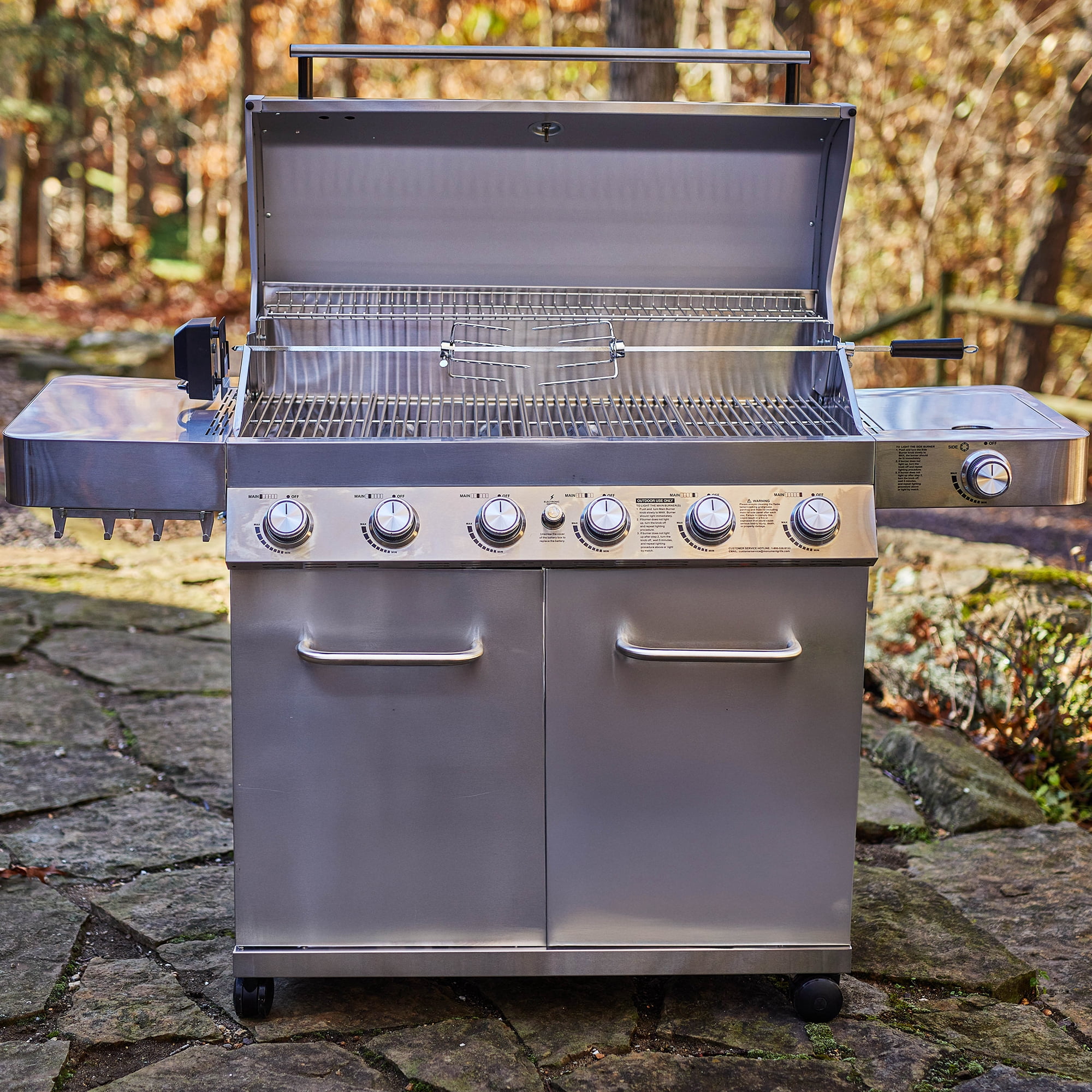 Monument Grills 6+1 Burner Propane Gas Grill  84,000 BTU Stainless Steel Outdoor Patio Barbecue Grill  LED Controls , Free Rotisserie Kit , and Easy Cleanup , 77352