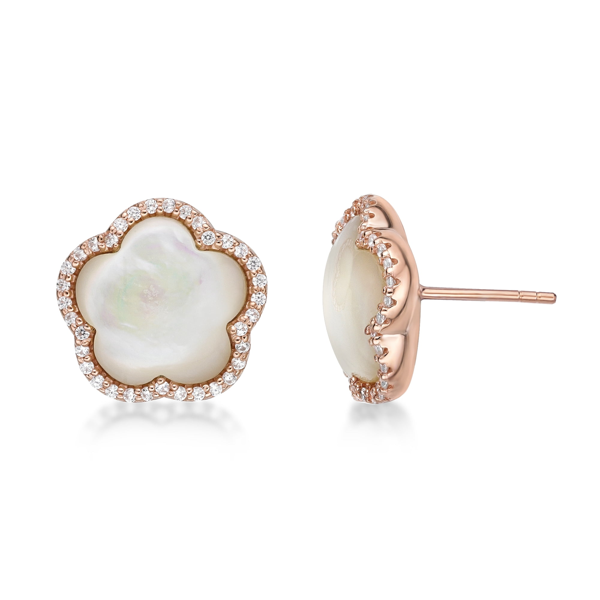 Mother of Pearl and Cubic Zirconia Five Petal Flower Stud Earrings in 925 Sterling Silver with Rose Gold Plating with Friction Back by Lavari Jewelers