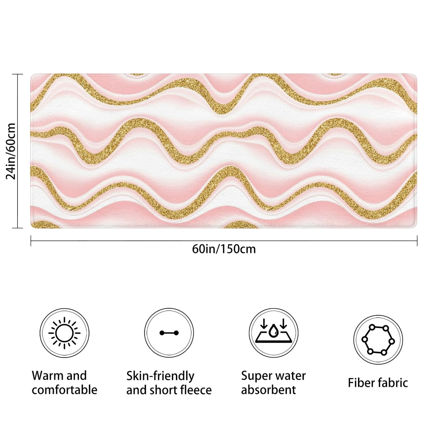 Pink Gold Wave Marble Pattern Bathroom Rugs Mat,Non Slip Microfiber Bathroom Rug,Rubber Backing,Soft Bathroom Mats for Bathroom Floor,Tub and Shower,60x24in(150x60cm)
