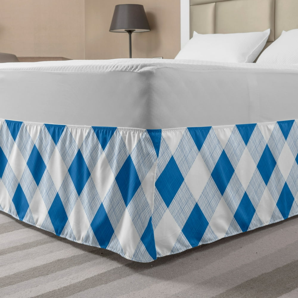 Blue and White Bed Skirt, Gingham Checkered Picnic Pattern Traditional Plaid Tartan Rhombus Grid