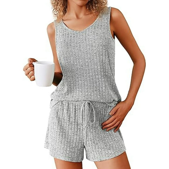 MGDXOX Womens Pajama Sets 2 Piece Ribbed Knit V Neck Tank Tops Drawstring Lounge Shorts Sleepwear Lounge Sets Outfits Gray XXL