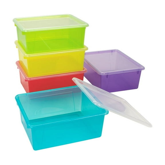 Storex Deep Storage Tray with Lid, Letter Size, 10 x 13 x 5 Inches, Assorted Tints, 5-Pack