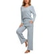thumbnail image 4 of INSPIRAR CHIC Conjunto de Pijamas de Mujer de Punto Acanalado con Cuello en V y Manga Larga con Pantalones Ropa de Dormir Casual Tallas L Azul, 4 of 6