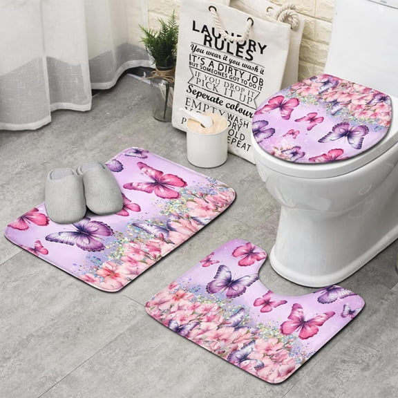 Pink Butterfly Flower Pattern Bathroom Rugs Sets 3 Piece,Toilet Cover Set,Absorbent Non Slip Bathroom Mats Sets with U-Shaped Contour Rug Toilet Rug Set