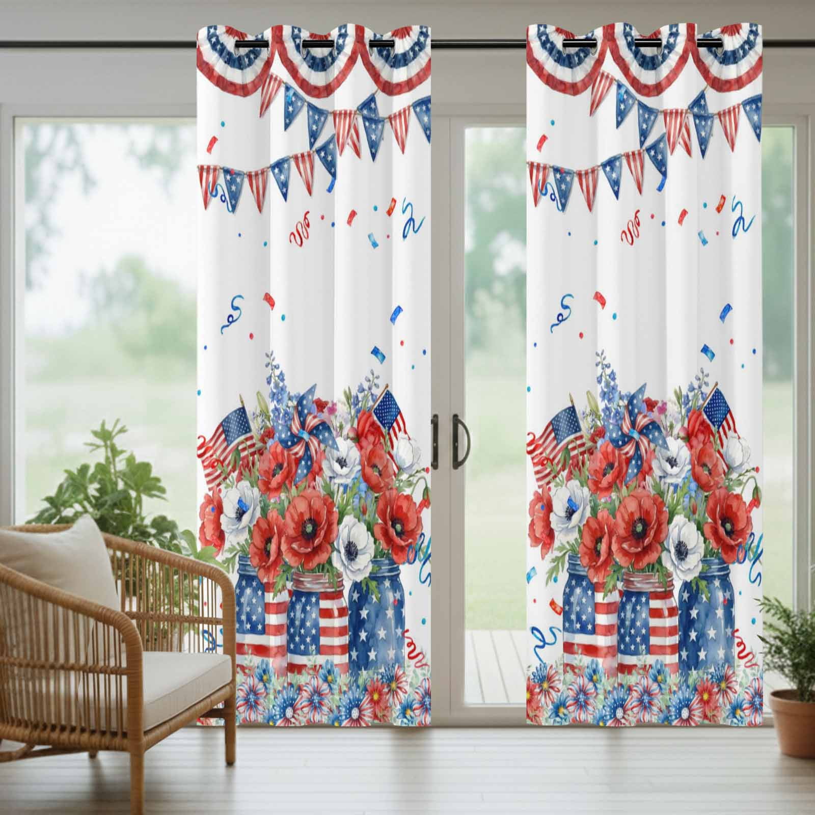 Independence Day Outdoor Curtains for Patio, U. S. Flag Red White Poppy Flowers Watercolor Sunshade Privacy Drapes Grommet Waterproof Outside Curtains for Porch/Cabana/Balcony 54"x 108", 1 Panel