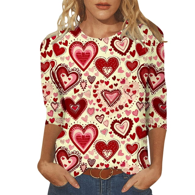 Penkiiy T-Shirts de la Saint-Valentin pour Femmes Col Rond Manches 3/4 T-Shirt Ample Hauts Blouses Chemises 2TG Multicolore