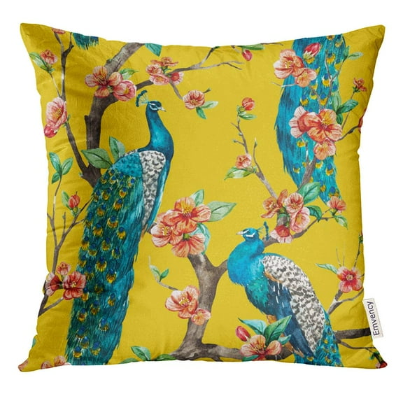 STOAG Blue Vintage Watercolor with Peacock on Tree Cherry Flowering Trees with Flowers Yellow Colorful Bird Throw Pillowcase Cushion Case Cover 16x16 inch
