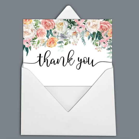 Darling Souvenir Roses Floral Wedding Thank You Greeting Cards Pack Of 20 With White Envelopes
